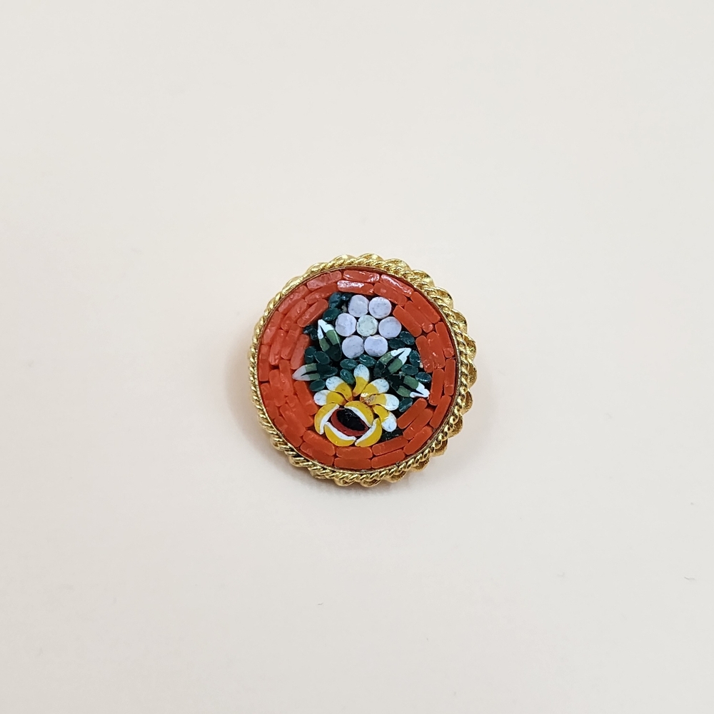 Italian Vintage 70s Gold Tone Micro Mosaic Floral Design Brooch